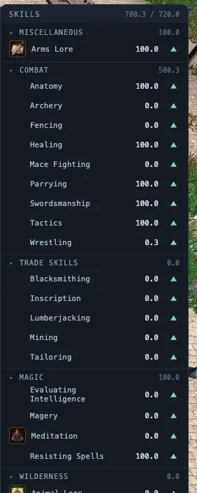The skills window: skills under their groups, each with its arrow