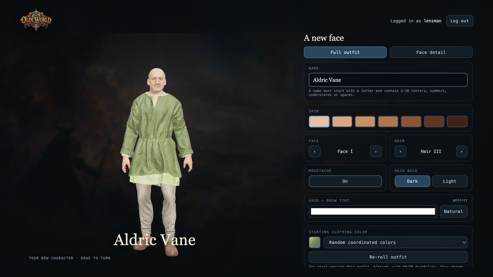 The character creator, a new face with name, skin, face and hair choices
