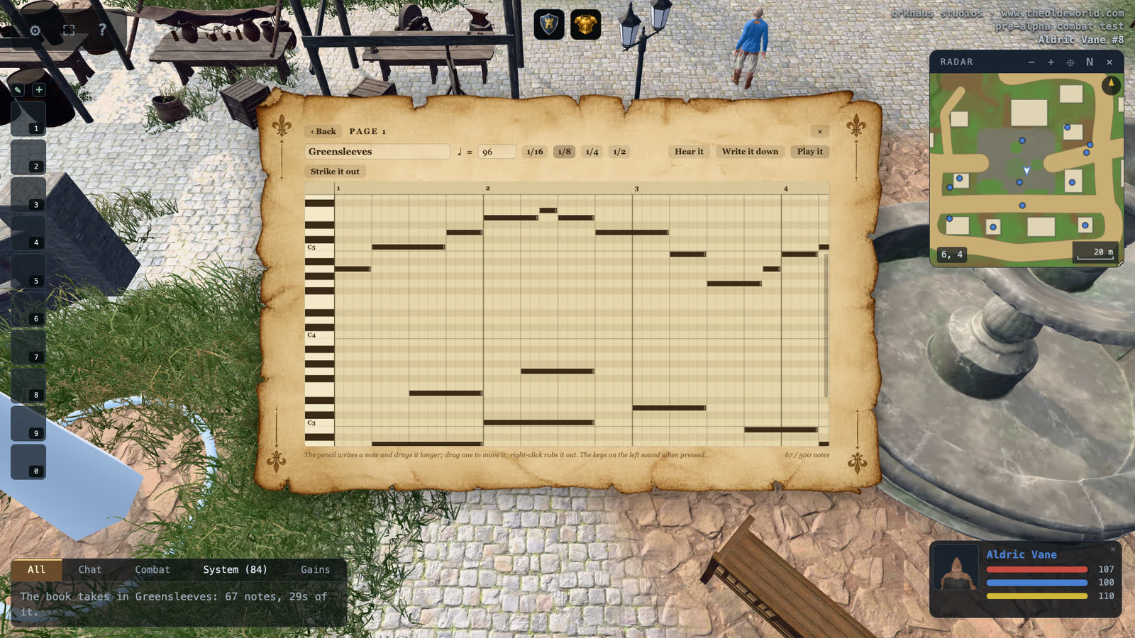 A page of sheet music open as a piano roll, Greensleeves written out with its bass line