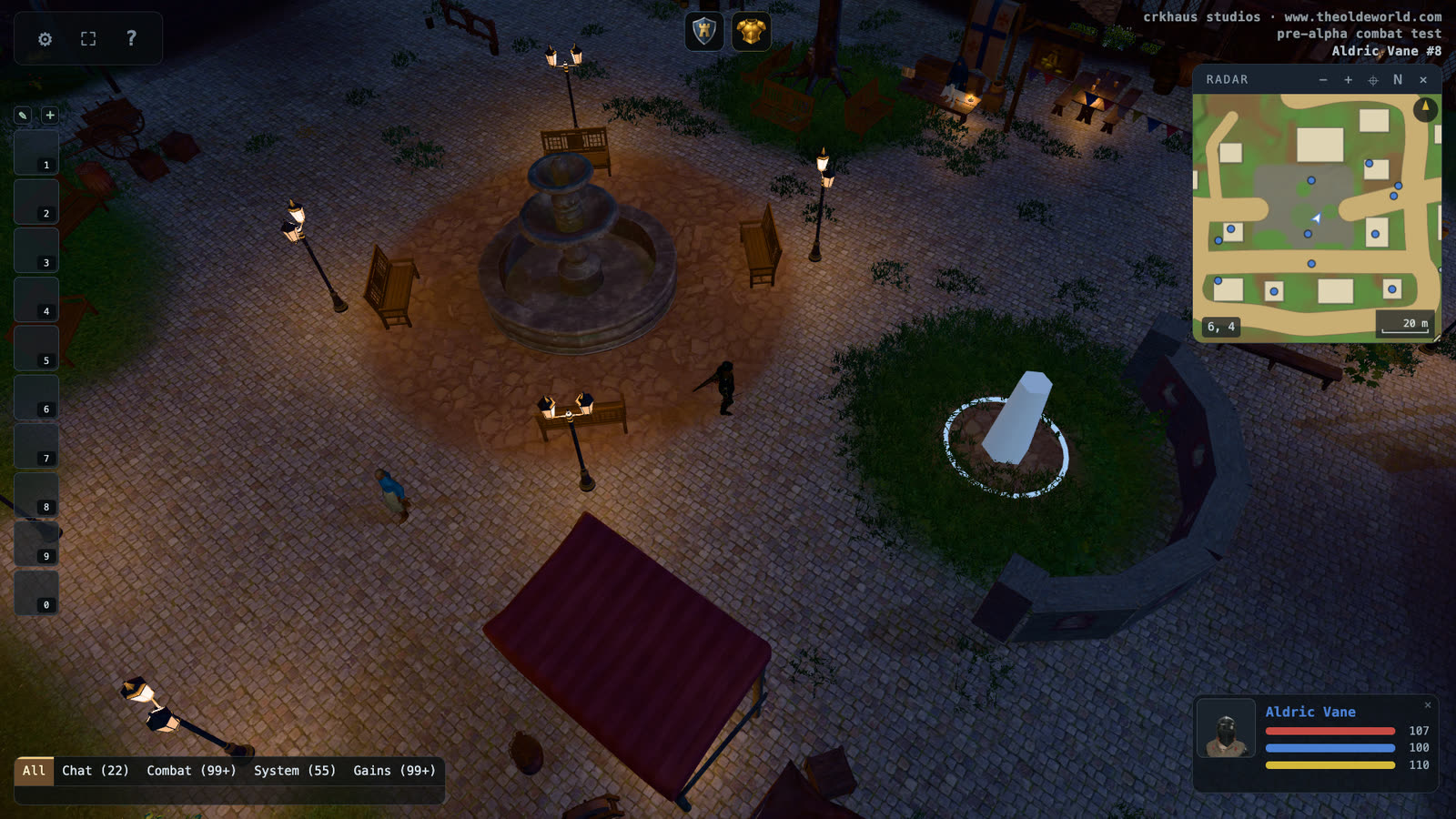 The full game interface in the town square, with radar, hotbar and chat